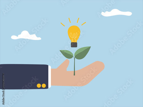 Professional businessman holding plant and light bulb. Concept of good leadership, intelligence idea, growth management, giving opportunity and solving problem solution flat vector illustration.