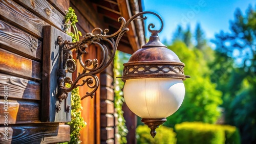 Rustic Vintage Outdoor Wall Light Fixture, White Frosted Glass Globe, Ornate Metal Arms, Family Home, Summer Day, Candid Photography