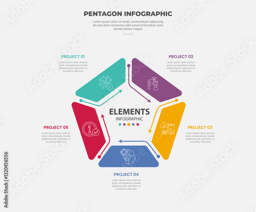 pentagon or pentagonal infographic outline style with 5 point template with round structure component with arrow line direction for slide presentation