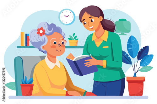 A social worker assists a grandmother with memory issues by reading together in a cozy, plant-filled space, Social worker helps grandmother with memory problems,