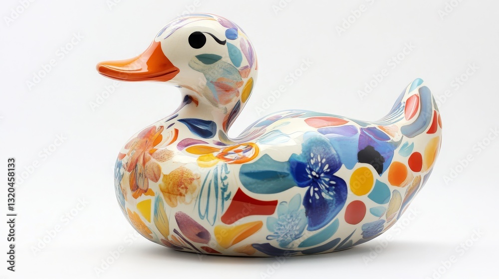 A ceramic duck figurine with a colorful abstract floral pattern. A ceramic duck figurine with a colorful abstract floral pattern.