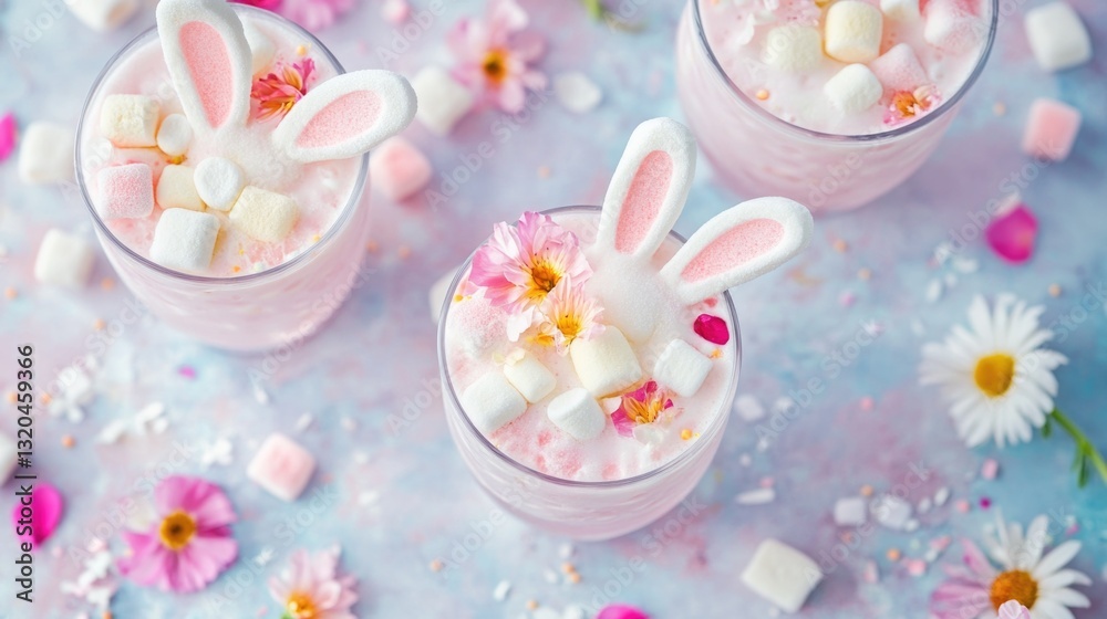 Whimsical springtime bunny-themed pink milkshakes with marshmallows and flowers. Easter, Pascha, Paskha, Ostern, Pascua, Paques - Orthodox and Catholic Holiday celebration Whimsical springtime bunny-themed pink milkshakes with marshmallows and flowers. Easter, Pascha, Paskha, Ostern, Pascua, Paques - Orthodox and Catholic Holiday celebration