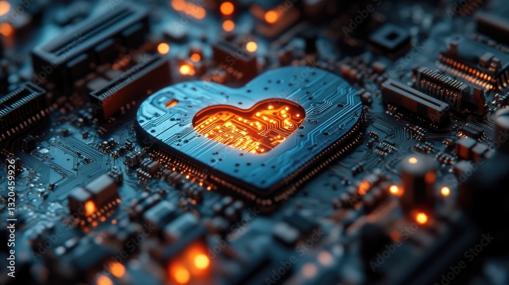 Fototapeta premium Innovative circuit board with heart design and glowing orange accents