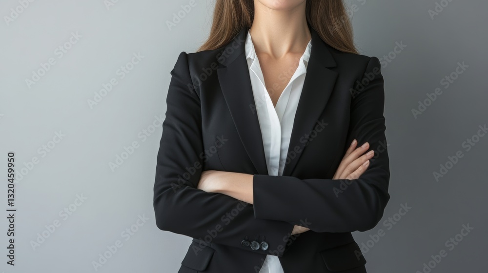 A headless businesswoman with crossed arms on a gray backdrop. A headless businesswoman with crossed arms on a gray backdrop.