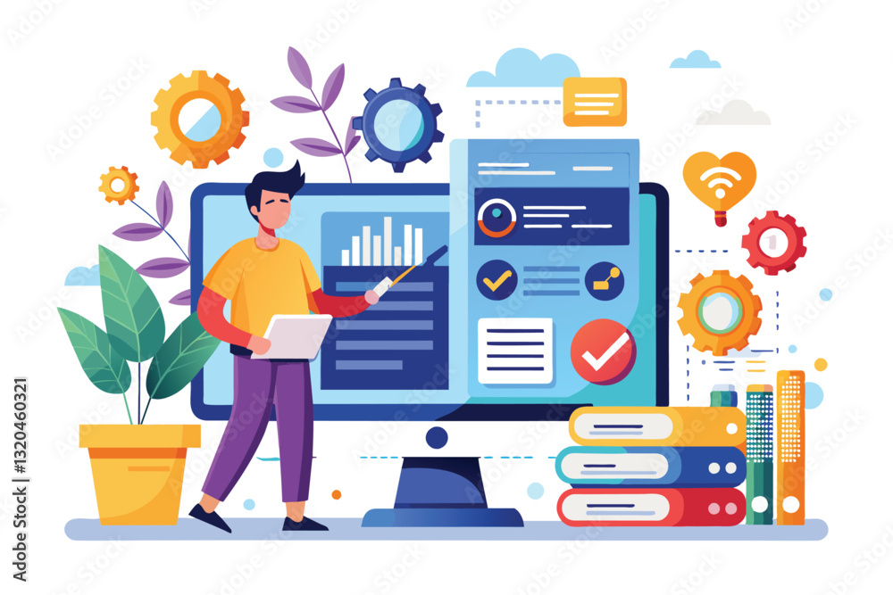 A person demonstrates software code testing using charts and gear icons, with vibrant flat design elements, Software code testing Customizable Flat Illustration A person demonstrates software code testing using charts and gear icons, with vibrant flat design elements, Software code testing Customizable Flat Illustration