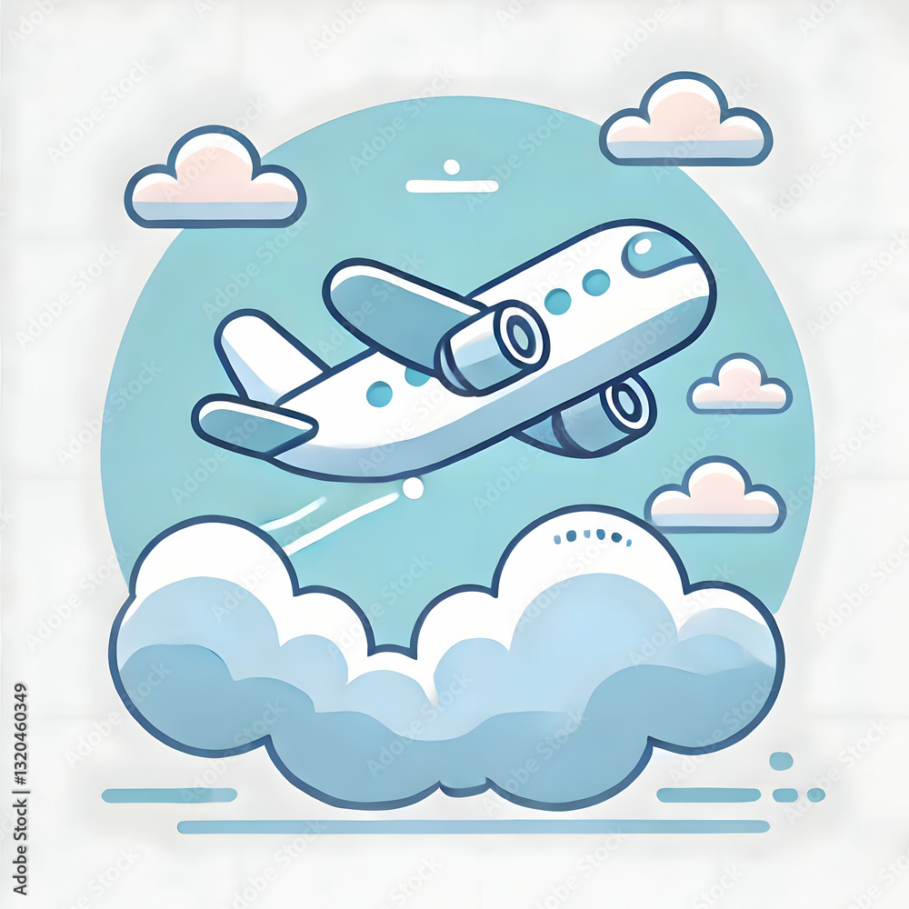 A cute flat illustration of an airplane flying above clouds, using a minimalist color scheme on an isolated white background, evoking a sense of freedom and adventure in aviation. A cute flat illustration of an airplane flying above clouds, using a minimalist color scheme on an isolated white background, evoking a sense of freedom and adventure in aviation.
