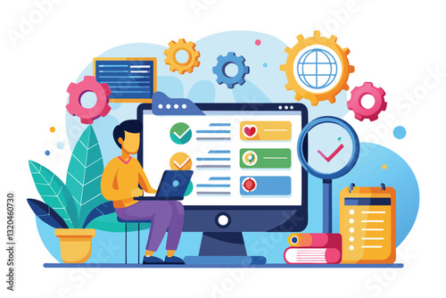 A person is testing software code on a laptop within a colorful and organized workspace filled with tools, Software code testing Customizable Semi Flat Illustration