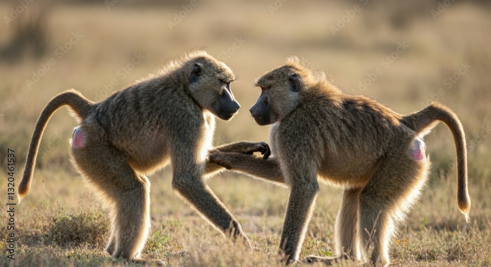 Two baboons interacting playfully in a natural setting Two baboons interacting playfully in a natural setting