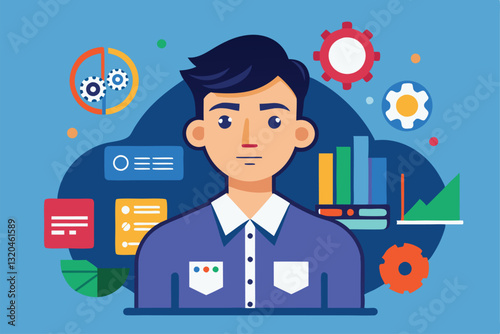 A software engineer engages with colorful, customizable tools in a vibrant digital workspace, Software engineer Customizable Disproportionate Illustration