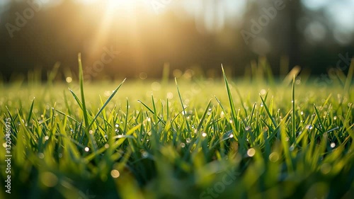  Dewy Grass in Morning Light with Sun Flare on Horizon