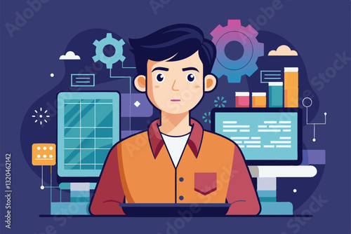 A focused software engineer creates innovative solutions at a colorful workstation featuring multiple screens, Software engineer Customizable Semi Flat Illustration