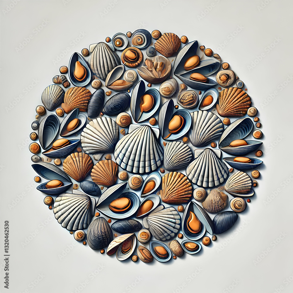 A detailed flat representation of clams and mussels in a circular arrangement with shells open, set against a clean white background. A detailed flat representation of clams and mussels in a circular arrangement with shells open, set against a clean white background.