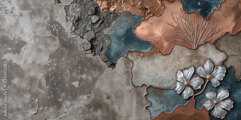 Obraz premium Decorative Wall Art with Floral Embellishments on Cracked Plaster, Copper and Bronze