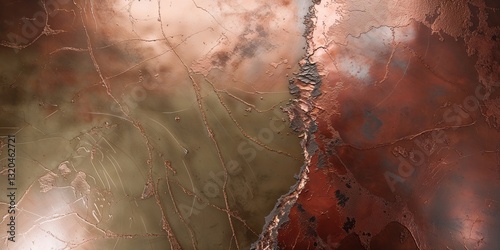 Striking abstract texture of weathered copper with crackled surface and metallic sheen