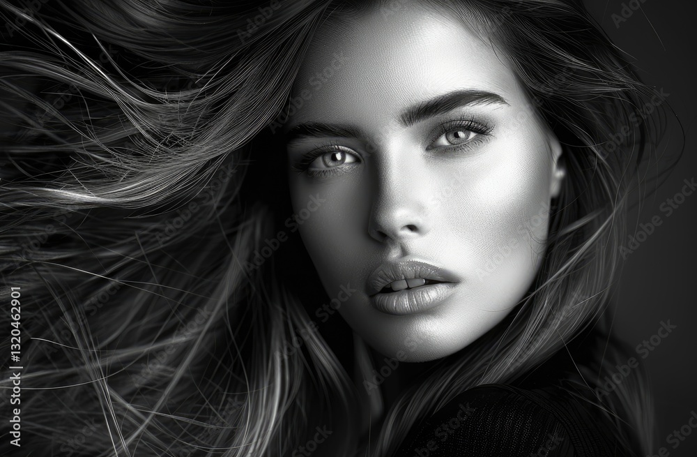 Fototapeta premium Woman with Captivating Features, Stunning model, Portrait of a girl, cosmetology, beauty, and spa treatments, Confident Young Woman - AI Generated