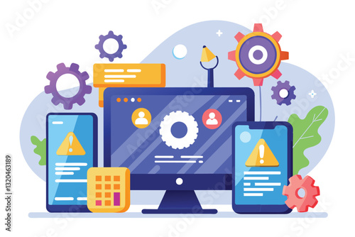 Software systems maintenance errors displayed on various devices with warning alerts, software systems and maintenance, website errors, development and updating of web pages on mobile applications