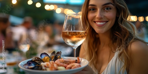 Fototapeta Naklejka Na Ścianę i Meble -  Woman enjoying seafood and wine at mediterranean cuisine festival