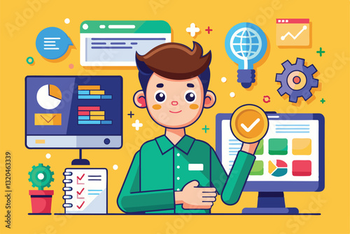 A cartoon character representing a software tester sits at a desk surrounded by computers and charts, Software tester Customizable Cartoon Illustration