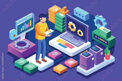 A software tester reviews data on a laptop while surrounded by tech tools and colorful devices, Software tester Customizable Isometric Illustration