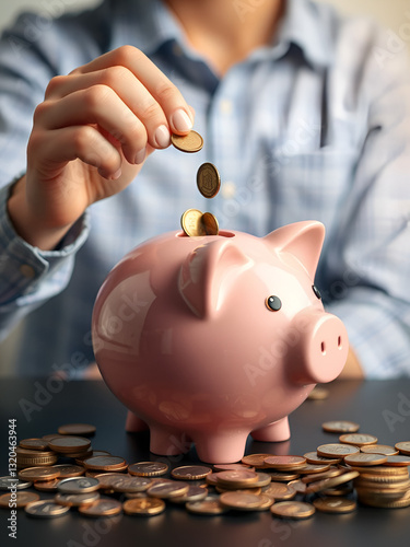 retirement, earnings, financial, loan, economic, finance, wealth, piggy bank, assurance, future. A person is putting coins into a piggy bank. Concept of saving money and being financially responsible.