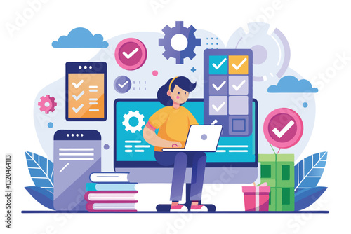 A software tester uses a laptop surrounded by colorful charts and data elements, enhancing productivity, Software tester Customizable Semi Flat Illustration