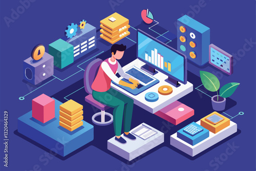 A software tester analyzes performance metrics using tools and charts while seated at a modern desk setup, software tester Isometric Illustration