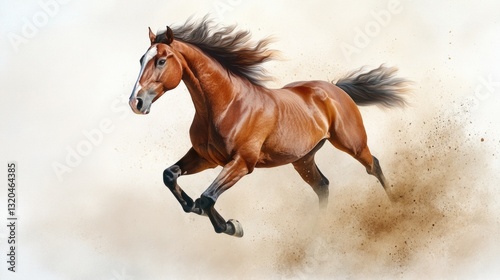 Majestic brown horse galloping through dusty terrain with flowing mane. 2026 year red fiery horse according calendar