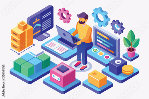 A software tester focuses on tasks using a laptop while managing products and analytics tools nearby, software tester Isometric Illustrations