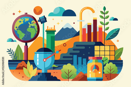 The image illustrates methods of soil analysis, highlighting pollution monitoring and environmental science, Soil analysis and earth pollution abstract concept,