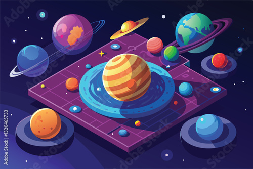 This artwork displays a vibrant isometric representation of the solar system featuring various planets and their orbits, Solar system Customizable Isometric Illustration