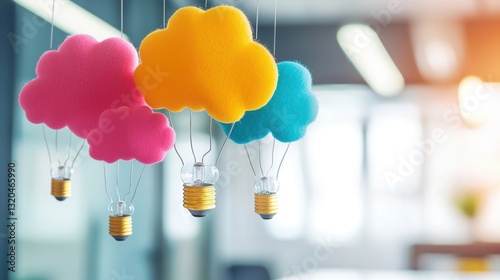 Team members brainstorming ideas, with colorful thought bubbles emerging from their heads, representing creativity and innovation.