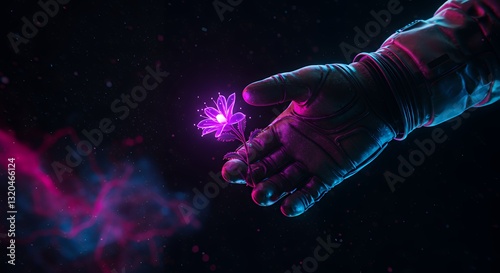 An astronaut's glove, detailed and futuristic, holds a vibrant, glowing, translucent neon flower against a dark, starry backdrop.