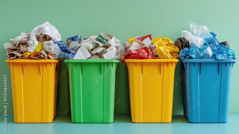 Four overflowing recycling bins with mixed waste. A strong visual representation of pollution, waste management, and the need for responsible environmental practices Four overflowing recycling bins with mixed waste. A strong visual representation of pollution, waste management, and the need for responsible environmental practices