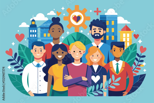 A diverse group of people stands together, symbolizing unity and support for their community's well-being, Solidarity Customizable Flat Illustration