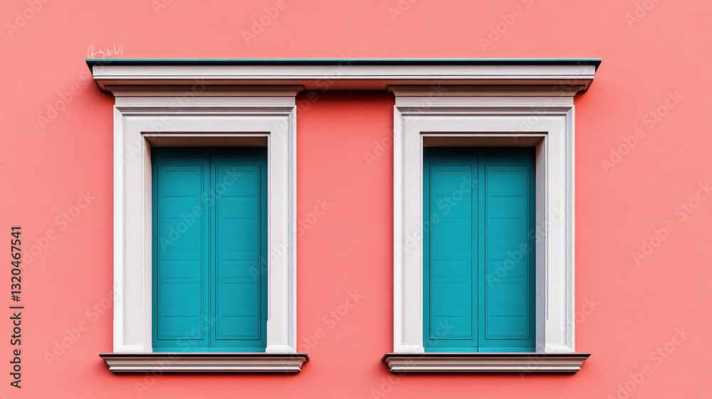 Two charming framed by blue shutters against a minimalist background highlighting architectural beauty Two charming framed by blue shutters against a minimalist background highlighting architectural beauty