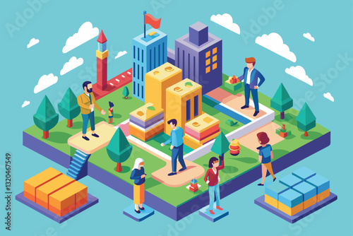 An engaging urban landscape shows individuals working together, promoting collaboration and community spirit, Solidarity Customizable Isometric Illustration