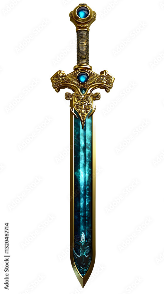 Elaborate sword with ornate design and blue accents resting against a white background, showcasing intricate craftsmanship and detail Elaborate sword with ornate design and blue accents resting against a white background, showcasing intricate craftsmanship and detail
