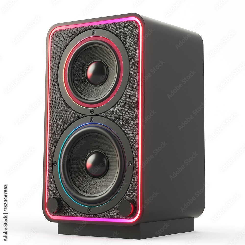 Obraz premium A sleek black audio speaker featuring dual woofers and colorful LED accents, perfect for modern music lovers.