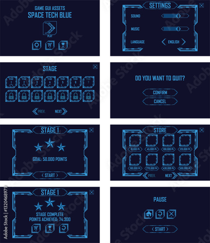 Complete user interface kit designed for a space-themed mobile game. It includes various screens and elements necessary for a functional game, such as a main menu, settings, stage selection, in-game s