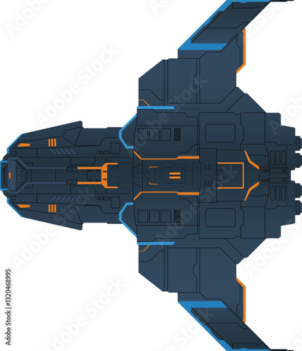 A detailed vector illustration of a futuristic spaceship presented in a top-down perspective includes intricate geometric patterns and panel lines, showcasing a technologically advanced spacecraft
