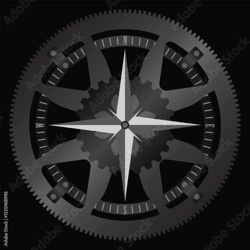 A detailed vector illustration of a mechanical compass, featuring a gear or cogwheel design with a central four-pointed star indicating the cardinal directions with metallic texture