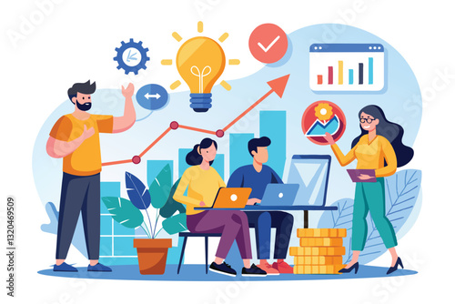 A diverse group of individuals collaborates on new concepts using technology in a vibrant office environment, Some people are looking for ideas and analysis to increase revenue