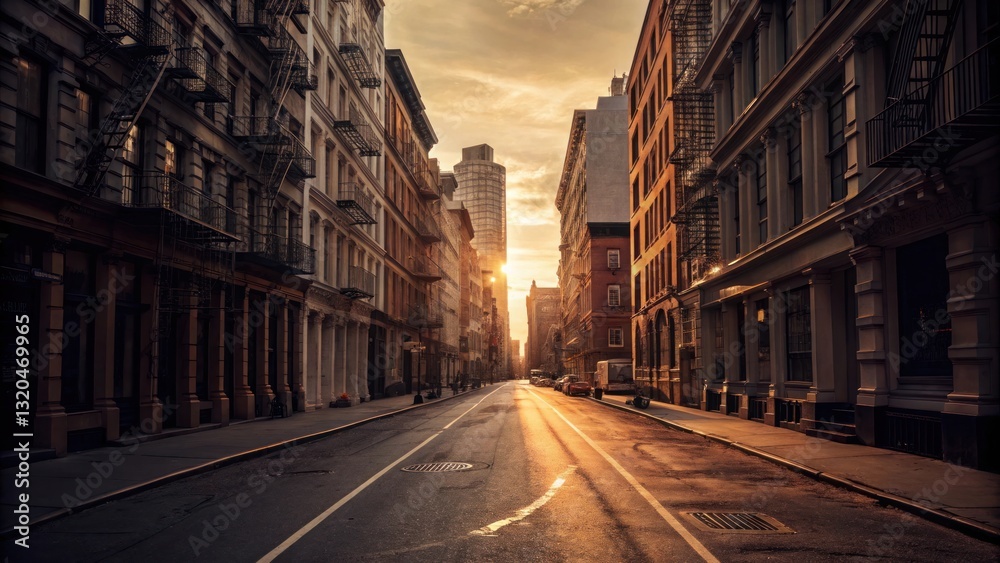 Urban street, SoHo district, golden hour sunset, empty road, historic buildings Urban street, SoHo district, golden hour sunset, empty road, historic buildings