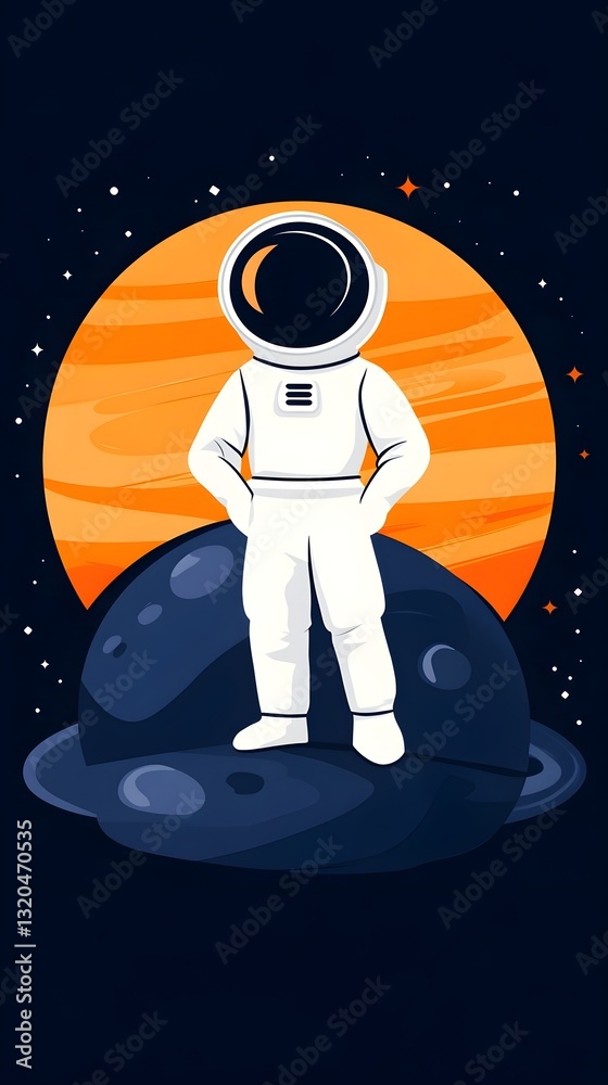 Naklejka premium A man in a white spacesuit stands on a rock in front of a yellow sun