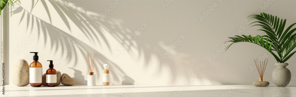 A flat lay of skincare products and fresh herbs on a marble background A flat lay of skincare products and fresh herbs on a marble background