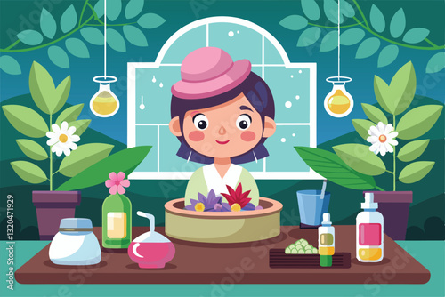 A cheerful therapist prepares colorful herbal treatments at a cozy spa surrounded by plants, Spa Customizable Cartoon Illustration