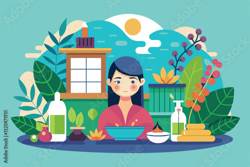 A person enjoys a personalized spa treatment amidst lush greenery and calming scenery, Spa Customizable Flat Illustration