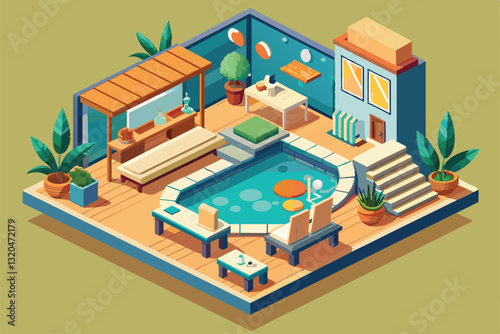 This isometric illustration showcases a serene spa environment with a tranquil pool and comfortable seating, Spa Customizable Isometric Illustration