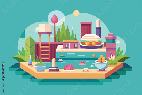 A vibrant spa layout showcases customizable features, including a water area and lush greenery for relaxation, Spa Customizable Semi Flat Illustration