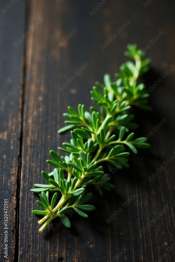 Lush Green Sprig of Herb Resting on Dark Wooden Surface Lush Green Sprig of Herb Resting on Dark Wooden Surface
